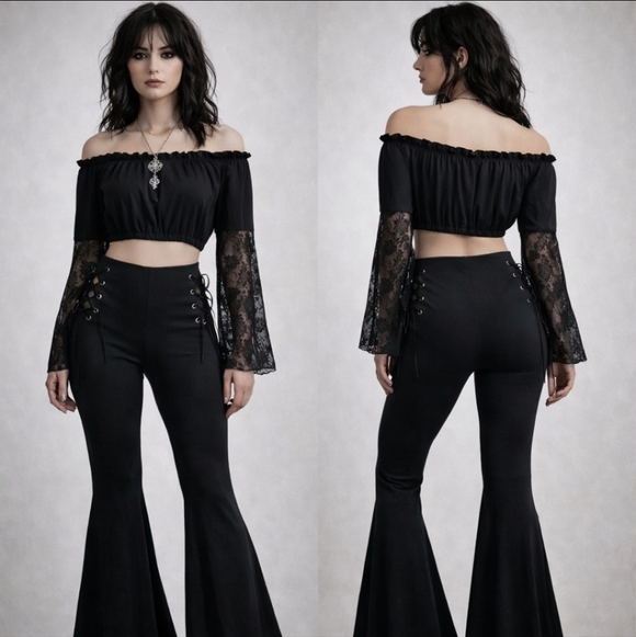 Pants - Black Lace Up Flare Pants Whimsigoth Witchy Y2K Size S